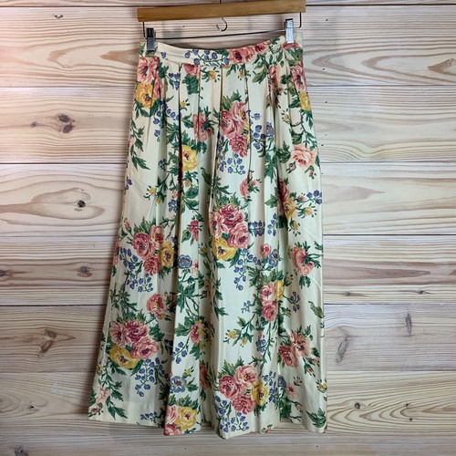 Vtg Susan Bristol Midi Skirt 12 Pleated Ivory Cottage Floral USA Pastel Fairy