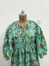Cotton Green Floral Printed Dress Maxi Gown, Deep Neck Dress Women's Clothing US