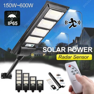 LED Solar Power Street Light with Pole Remote Control Sensor Garden Waterproof