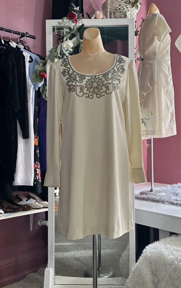 Vintage 90s Doss 60s Shift Dress Sheath Ivory Long Sleeves Cocktail Party S/M - Image 2 of 4