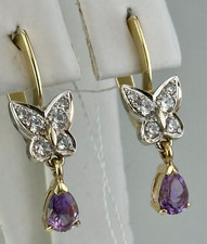Vintage Original Natural Amethyst  Cubic Zirconia Yellow Gold Earrings 585 14K