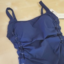 NWT Profile by Gottex Moto Lace Up Side Shirred 1 Pc Swimsuit Sz 8 Navy Blue