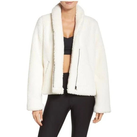 Alo Yoga Cozy Up Faux Fur Crop Jacket in White teddy fleece zip up