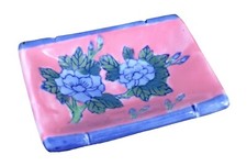 Pink Ceramic Soap Dish Blue Flowers Bamboo Trim  Trinket Tray