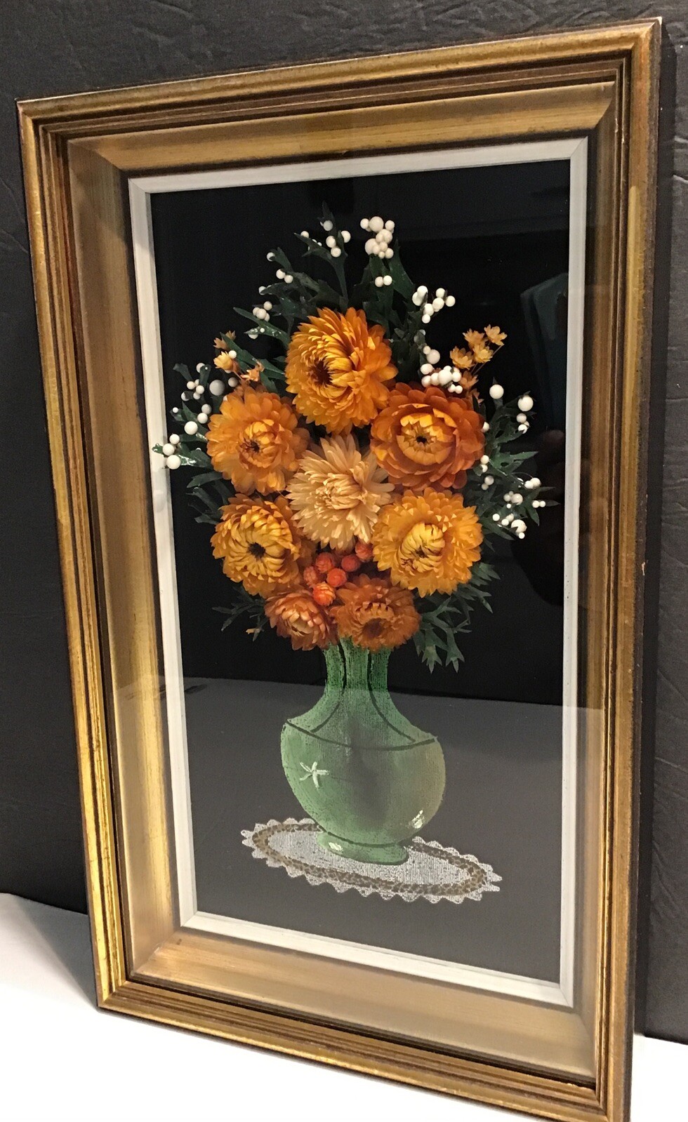 Vintage Dried Flowers On Black Velvet Painting Framed-image