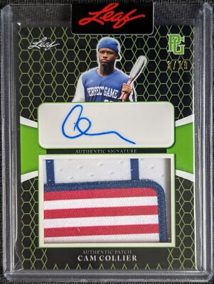 Cam Collier JUMBO FLAG PATCH Autograph Auto #ed 3/19! 2021 Leaf Perfect Game!