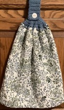 Double hanging kitchen towel flowers garden spring Crocheted blue top