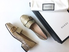 GUCCI Marmont Metallic Gold Platino GG Low Heel 453480 Size 37 US 7  900