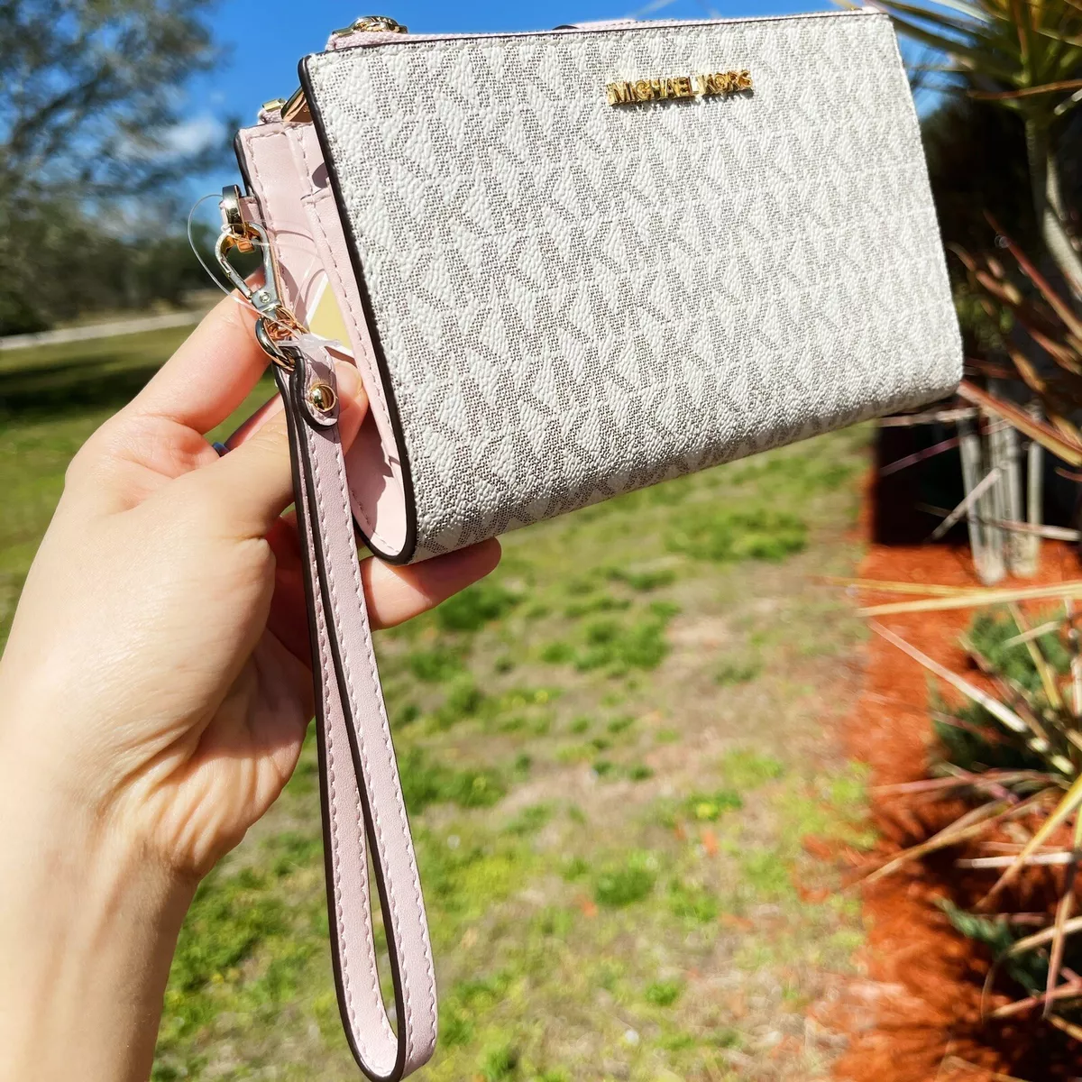 Michael Kors Double Zip Phone Wallet Wristlet Vanilla Signature MK Powder  Blush