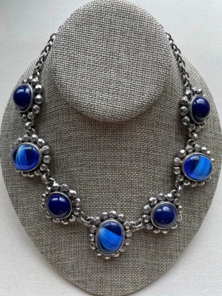 Chico's Statement Steampunk Bib Necklace Pewter Tone Blue Glass Caviar 16-20" - Image 3 of 4