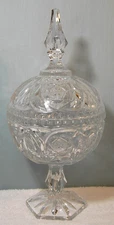 Vintage Tall Cut Crystal Pedestal Covered Candy Dish American Brilliant Rose Lid