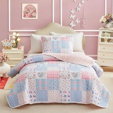 Twin Size Quilt Set for Girls, Pink n Blue Floral Patchwork Design, 2 Pieces ...