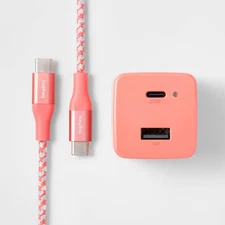 2-Port USB-A USB-C Wall Charger with 6' USB-C to USB-C Braided Cord