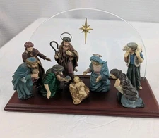 Hand Painted Nativity Scene Wood Resin and Glass Teleflora 9" Wide 5 3/8" Tall