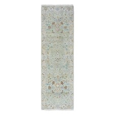 2'5"x8' Green Oushak with Floral Motifs Hand Knotted Pure Wool Runner Rug 10574
