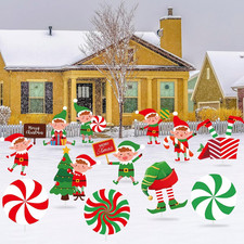 12 Pieces Christmas Elf Yard Signs Outdoor Lawn Decoration with Stakes - Holiday