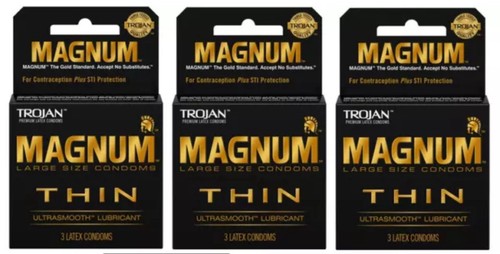 3 Trojan Magnum Lubricated Latex THIN Condoms Large, 9 Pieces - EXP 02/