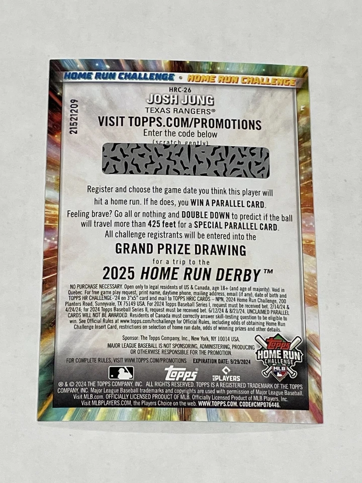 2024 Topps Baseball Home Run Challenge - Josh Jung - Texas Rangers - Image 2 of 2