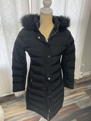 Women s Black Express Puffer Down Coat With Hood and Knit Side Panels Size M