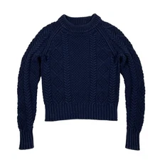 LL Bean Signature Navy Blue Cotton Fisherman Sweater Cable Knit Size XXS