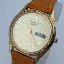 Vintage Caravelle Quartz Watch 42C56 Men Gold Tone Leather Analog New Battery