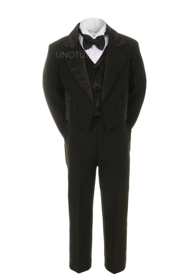 Baby Kid Teen 6pc BOY Wedding Formal Black Tail Vest Cummerbund Tuxedo Suit S-20 - Image 2 of 4