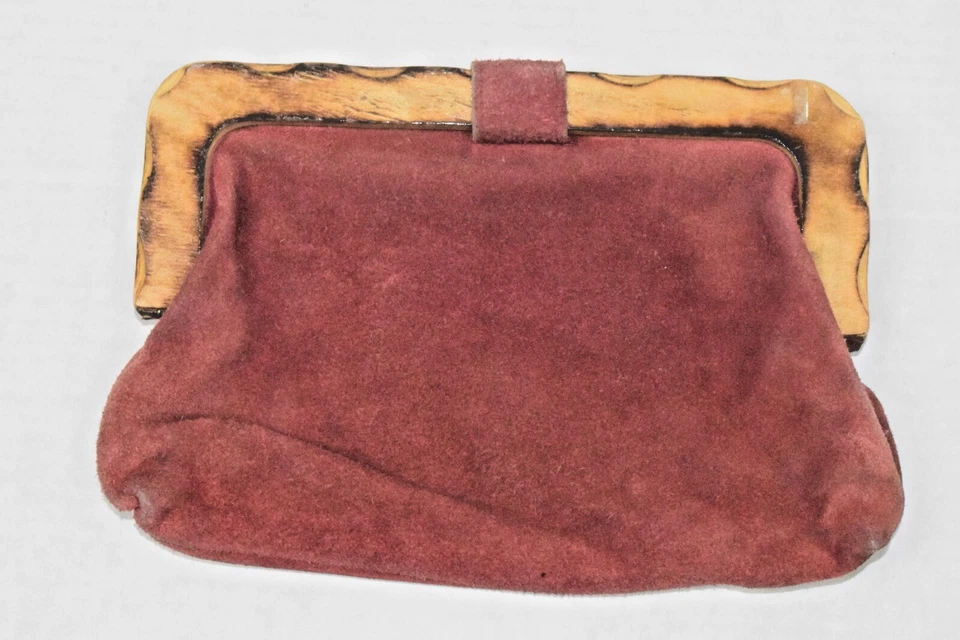 Bolso de mano de cuero vintage años 60 marrón rojizo gamuza asas mango de madera Foto 2 de 4