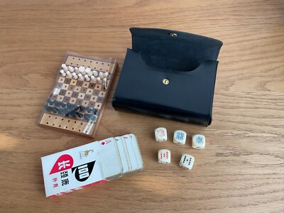 Reise Schach & Karten & Würfel Set im braunen Kunstleder Etui - gebraucht