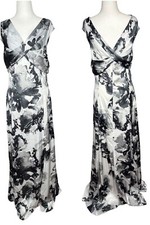 Tahari Womens Dress Size 10 Black White Floral Maxi VNeck Cross Back Formal Gown