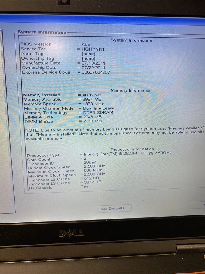 *PARA REPUESTOS* Dell Latitude E6320 Core i5-2520M@2,50 GHz, 4 GB de RAM, SIN DISCO DURO Foto 3 de 4