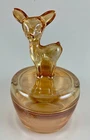 Vintage 1940's Jeanette Marigold Carnival Glass Deer Fawn Powder Trinket Candy
