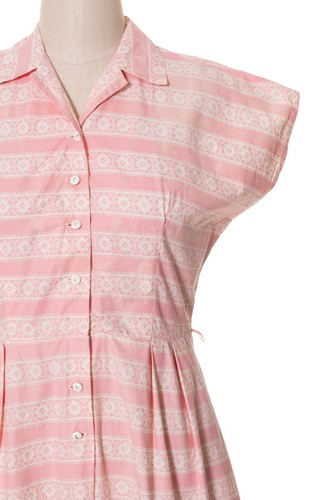 Vintage 1940s 1950s Pink Striped Floral Cotton Shirtwaist Shirt Day Dress Large - Picture 6 of 8