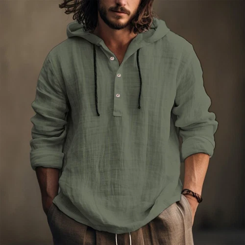 Men's Cotton Linen Hoodies Drawstring Button Hooded Swaeatshirts T Shirts Tops - Bild 14 von 41