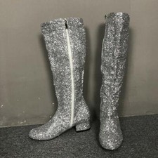 Womens Sequins Mid-Calf Boots Low Heel Booties Round Toe Side Zip Shoes Oversize