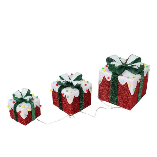 3x Xmas 60 Led Pre Lit Light Up Christmas Parcel Gift Box Set With Tinsel & Bow - Picture 7 of 8