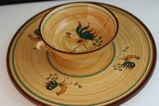 Vintage 1960s Handcrafted Chip & Dip Dish Pennsbury Pottery Red Rooster Design