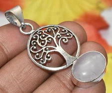 Rose Quartz Gemstone Tree Style Pendant 925 Silver Plated U316-A126