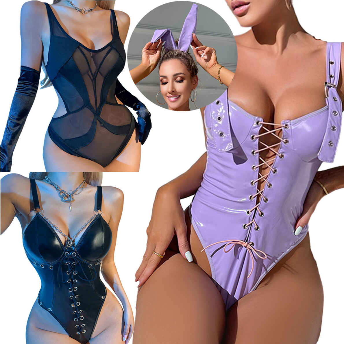 Patent Leather Bodysuit Nightclub Sexy Lingerie Lace Underwear Cosplay  Costumes | eBay