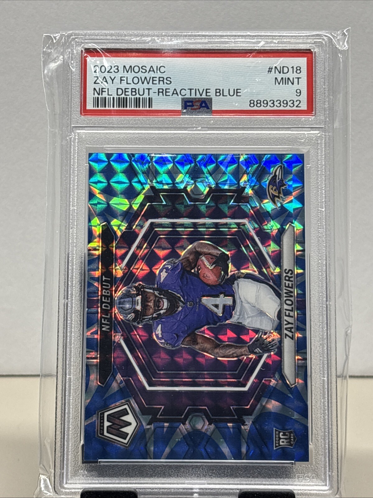 Zay Flowers RC 2023 Mosaic #ND18 NFL Debut Reactive Blue PSA 9-MINT Ravens