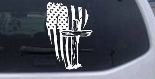 Worn American Flag With Old Wooden Cross Car or Truck Window Decal Sticker