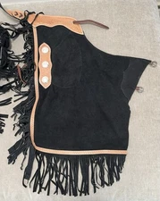 Tough 1 Western Chinks Chaps Size Large Black Suede Leather Basketweave NWT