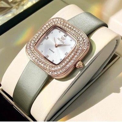 OLEVS Damenuhren Quadratische Leder Quarzuhren Diamant Roségold Analog