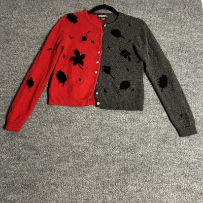World Republic Lambswool Leaves Cardigan Women Xl Red/Grey Leaf Appliqué