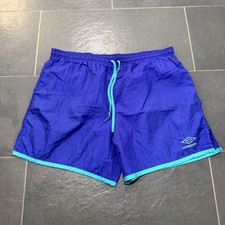 Vintage 90s Umbro Mens XL Spell Out Running Soccer Shorts Purple Blue Nylon