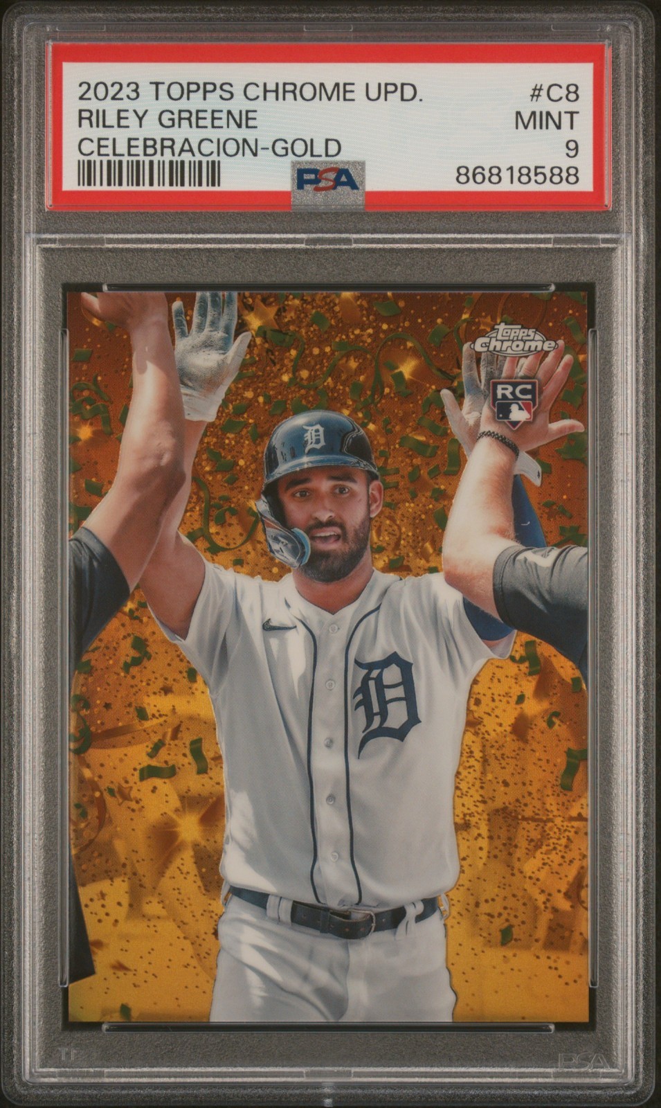 2023 Topps Chrome Update #C8 Riley Greene Celebracion Gold /50 Rookie (RC) PSA 9