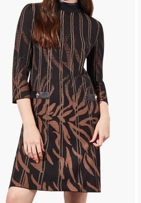 EUC Ming Wang Faux Leather Trim Jacquard Sweater Dress in black Brown 1X Plus  
