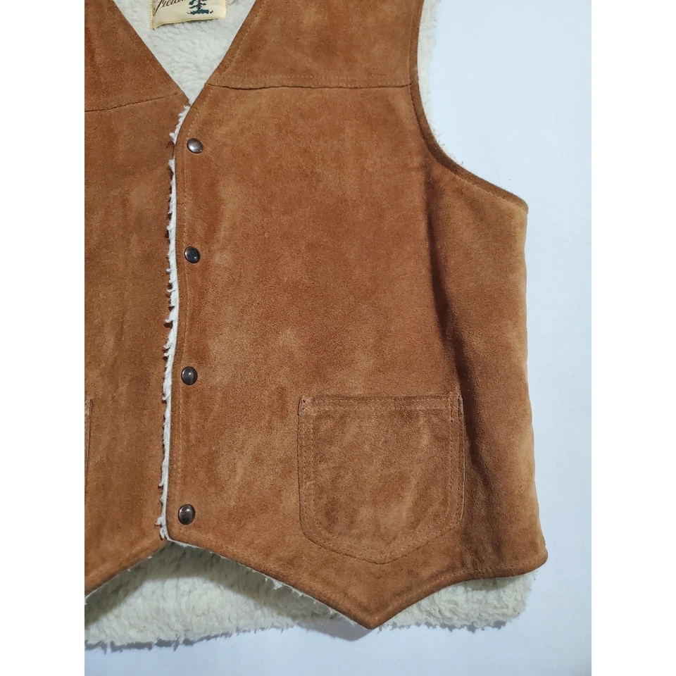 Vtg Sears Fieldmaster Suede Sherpa Fleece Lined Snap Vest Mens L Brown Pockets - Image 4 of 4