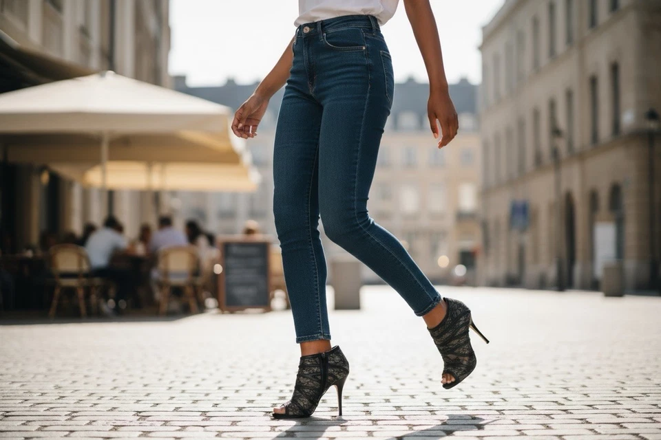 野玫瑰 8 码黑色蕾丝缎面露趾高跟鞋细高跟鞋 R $80 — 第 3/4 张图片