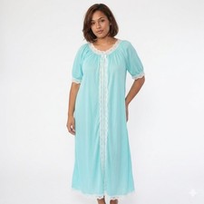 Vintage 60s 70s Aqua Pastel Nightgown M Long Lace Trim Modest Cottage-core USA