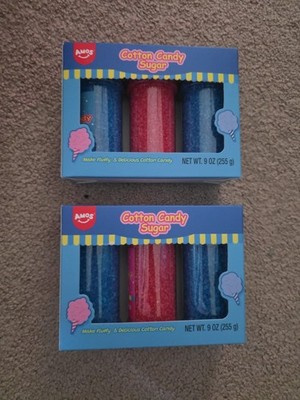 (2) Amos Cotton Candy Sugar 6 oz Blueberry & 3 oz Strawberry Flav Sugar 9 oz NEW